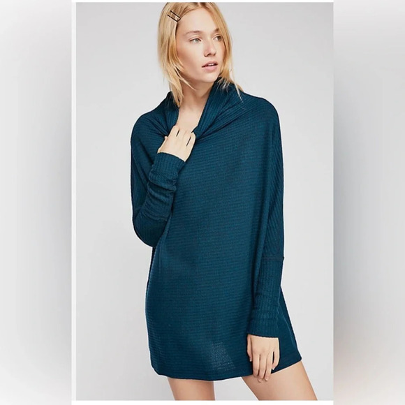 Free People We The Free Kitty Thermal Mock Cowl Neck Ocean Blue Teal XS - Picture 2 of 9